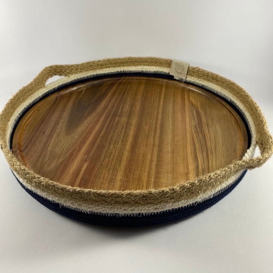Table Basket with Wood Serving Board: Navy | Ivory | Jute