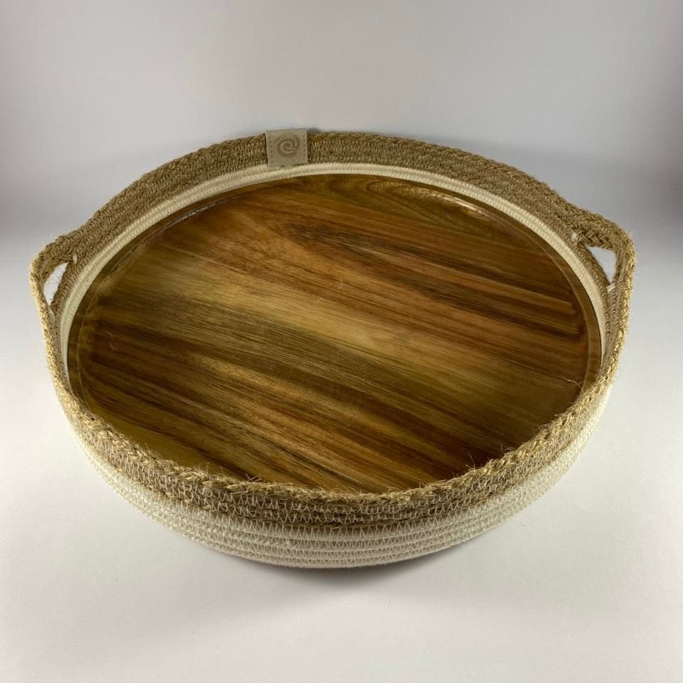 Table Basket with Wood Serving Board: Ivory | Jute