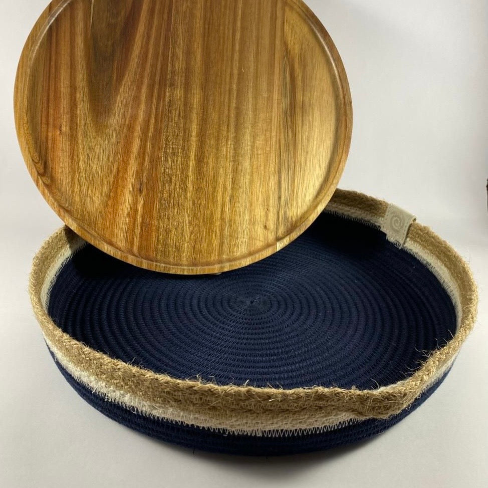 Table Basket with Wood Serving Board: Navy | Ivory | Jute