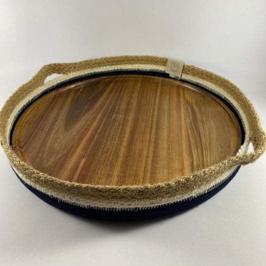 Table Basket with Wood Serving Board: Navy | Ivory | Jute