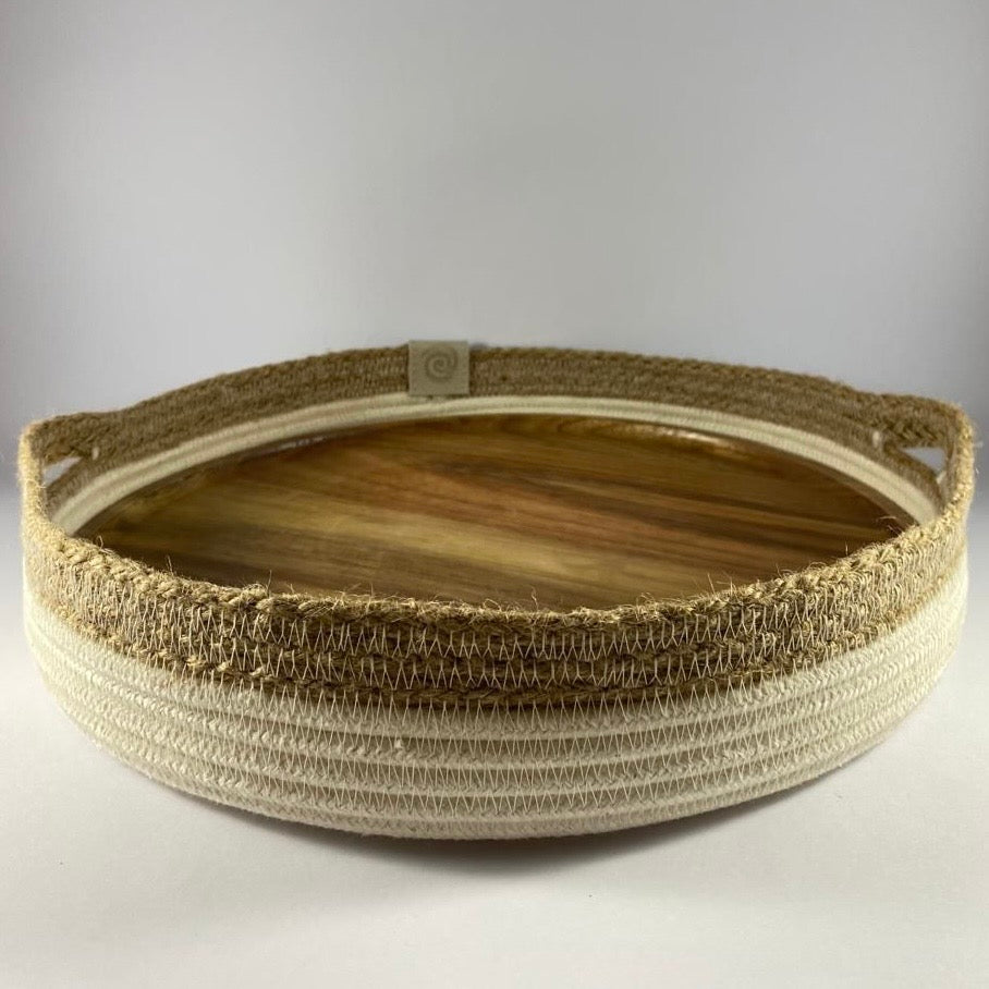 Table Basket with Wood Serving Board: Ivory | Jute