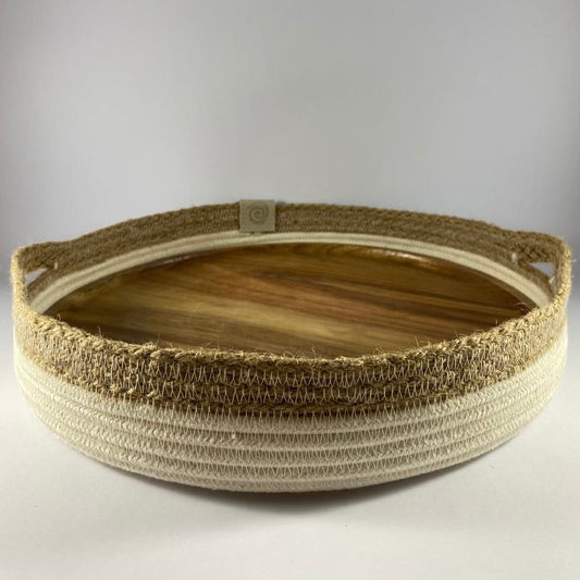 Table Basket with Wood Serving Board: Ivory | Jute