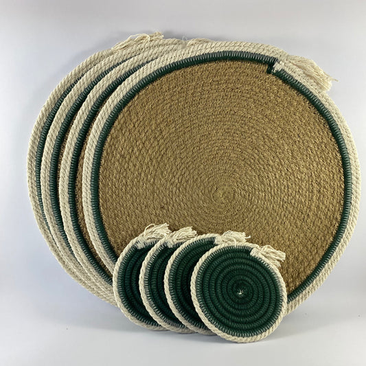 Placemat & Coaster Set of 4: Jute | Adriatic Green | Ivory